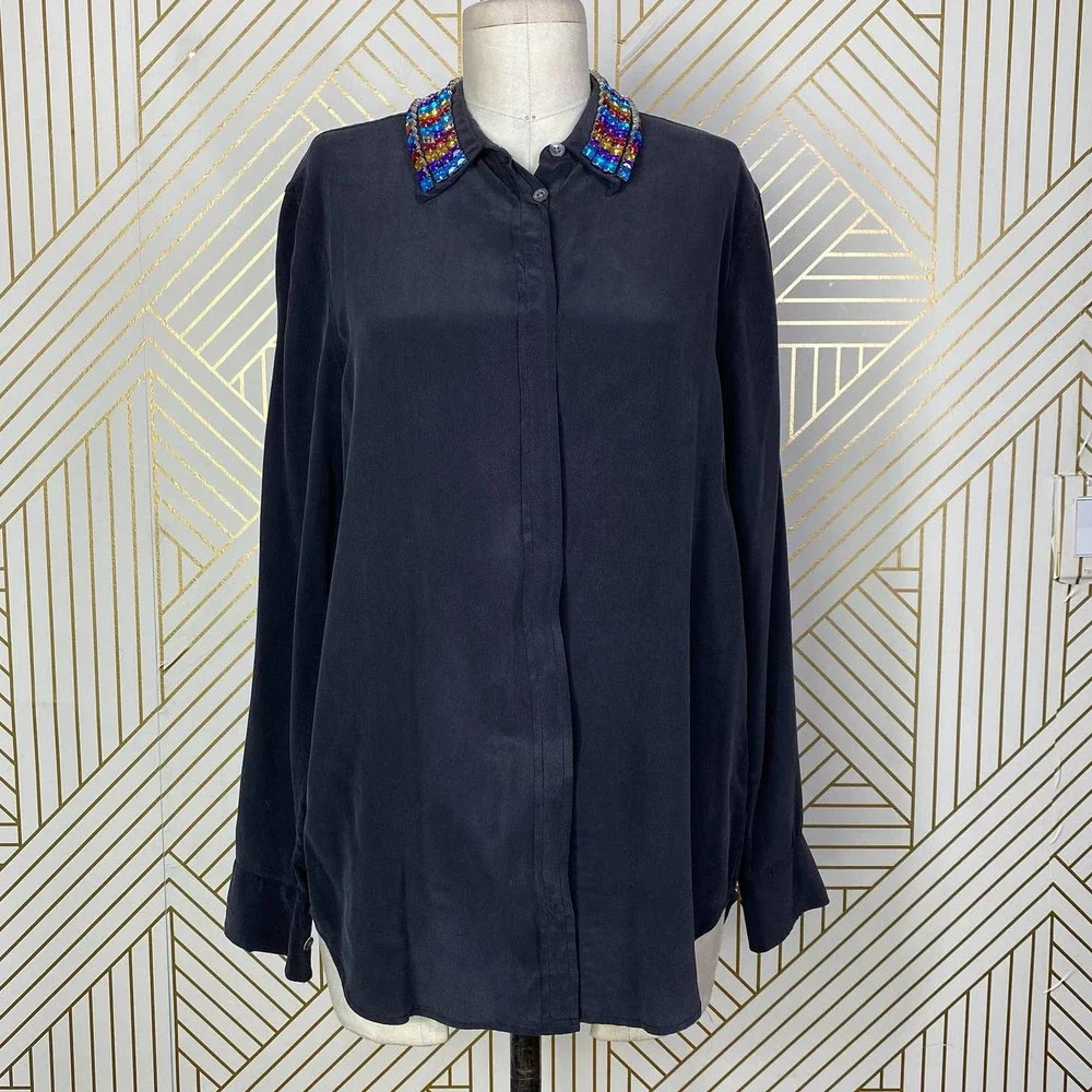 Equipment Rainbow Jeweled‎ Collar Silk Button-Down Blouse Gray Size US Small